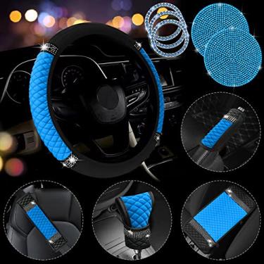 Imagem de JINGSEN Conjunto de 11 peças de acessórios de carro de couro strass brilhante, capa de volante para mulheres, console central apoio de braço capa de cinto capa de freio de mão porta-copos conjunto