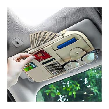 Imagem de AUCELI Organizador de viseira de sol para carro, estojo de couro PU para registro de documentos com vários bolsos para chave de caneta, suporte de óculos de sol, bolsa de armazenamento com zíper, acessórios universais para caminhões automotivos
