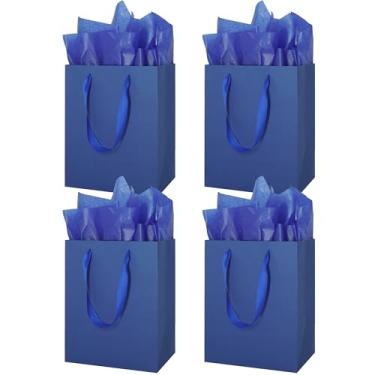 Imagem de MOXARYSU 4 peças de sacos de presente azuis médios: 20 x 12 x 25 cm sacos de presente com alças sacos de lembrancinha de festa com 8 lenços de papel para festa infantil, aniversário, chá de bebê,
