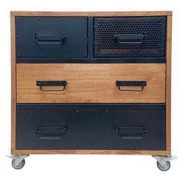 Imagem de Cômoda Industrial de Madeira Maciça com 4 Rodízios e 4 Gavetas Revesti