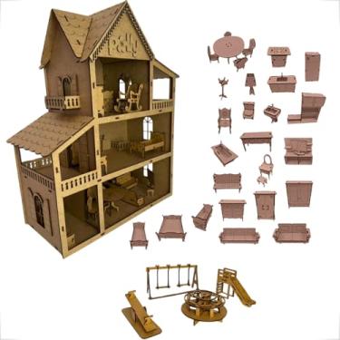 Imagem de Casinha De Bonecas Em Mdf Cru Infantil Casa Dos Sonhos Com Kit 30 Mini Moveis + Parquinho