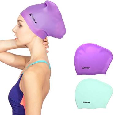 Imagem de Keary Pacote com 2 toucas de natação de silicone para cabelos longos, mulheres, meninas, à prova d'água, touca de natação para piscina, orelhas para manter seu cabelo seco, ergonômico 3D, elástico,