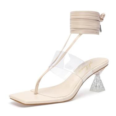 Imagem de Sandálias femininas de salto quadrado aberto com cadarço e salto com tiras, sandálias sexy de amarrar e salto grosso para festa de casamento, Nude., 36