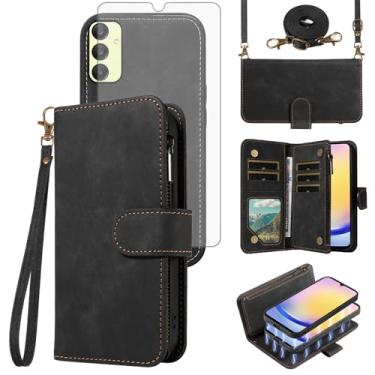 Imagem de Asuwish Capa de telefone para Samsung Galaxy A25 5G/A24 4G/M34/F34 /F34 carteira magnética destacável com protetor de tela de vidro temperado cordão transversal suporte para cartão A 25 25A 24A LTE