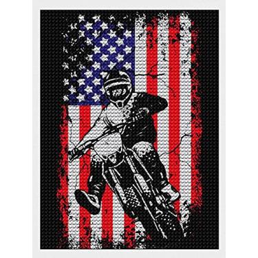 Imagem de Dirt Bike American Flag Motocross Biker DIY Diamond Painting Kits Art, Full Drill Motorcycle 5D Diamond Art for Home Wall Decor 12x16 inch