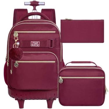 Imagem de HPJGD 3 peças, mochila escolar feminina vinho tinto, com rodas, rolo resistente à água, conjunto de mochila infantil com rodas