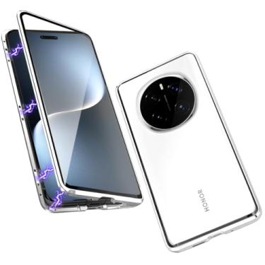 Imagem de QUIETIP Capa compatível com Honor Magic 7 Pro, moldura magnética de metal dupla face, vidro temperado transparente com capa de proteção para câmera, branco prateado