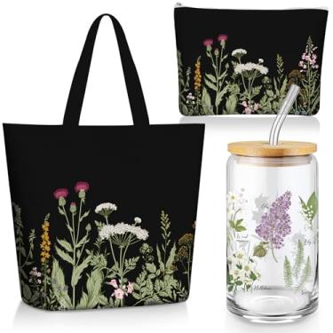 Imagem de FoldTier 3 peças de presentes para amantes de plantas para mulheres, presente de jardineiro para o dia das mães, xícara de café gelado de 473 ml com tampa de palha, bolsa de maquiagem estética para
