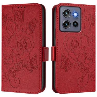 Imagem de Capa carteira rosa e borboleta em relevo para Moto Edge 50 Neo, [bloqueio RFID] [suporta carregamento sem fio] 3 compartimentos para cartão e 1 compartimento para dinheiro, capa flip com fivela