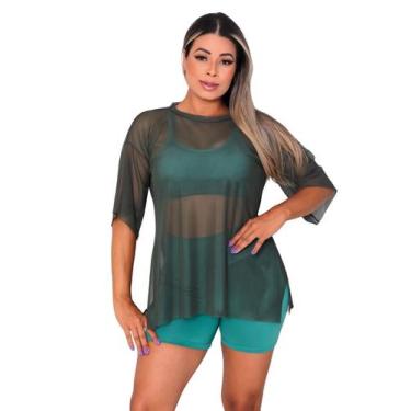 Imagem de Blusao Tule Feminina Fitness Academia Manga Curta Cor:Verde Militar - 