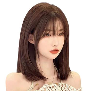 Imagem de Lindo Perucas Longa Reta Cabelo Humano Peruca Curta Reta Bob Peruca Com Franja Na Altura dos Ombros Castanho Escuro Reta Perucas Cabelo Humano (15in/38cm) Ajustável