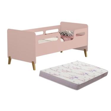 Imagem de Cama Infantil Rosa MDF Proteção Lateral Pés de Madeira Retro Com Colch