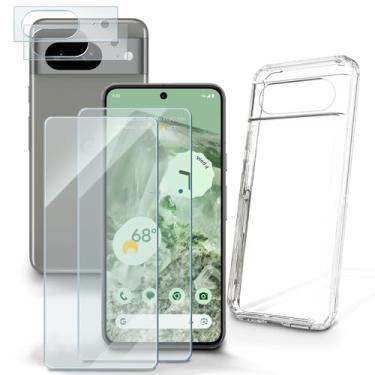 Imagem de SHUAXI Protetor de tela para celular (4 + 1 pacote) compatível com Google Pixel 8, filme de vidro temperado antiarranhões de alta definição e capa protetora de TPU macio (para Google Pixel 8), branco