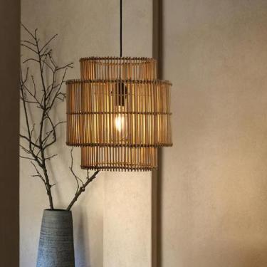 Imagem de Luminária Pendente Fibra Bambu Artesanal Teto Sala Quarto Cozinha Rest
