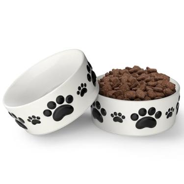 Imagem de Tigelas de cerâmica para cães de tamanho médio – 16,5 cm redonda × 6,5 tigela de comida para cães de altura e tigela de água para cães – Tigelas médias com anéis antiderrapantes – Tigelas de comida e