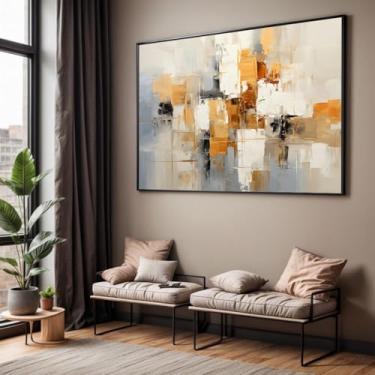 Imagem de Quadro com Moldura Sala Quarto 90x60 Pintura Arte Abstrato Bege Branco Marrom Dourado Decorativo Horizontal Grande Hall