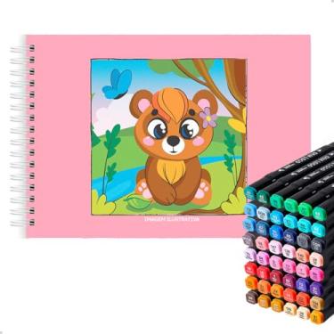 Imagem de Caderno Desenhos Divertidos Para Colorir + Kit 48 Marcadores Canetinha Ponta Dupla (Rosa)