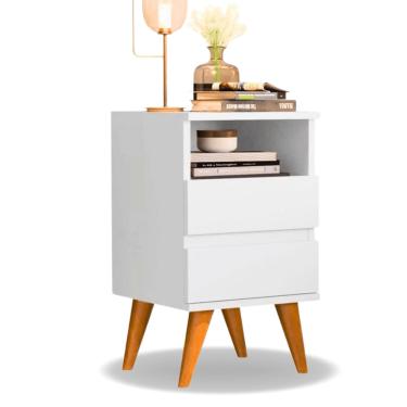 Imagem de Mesa de Cabeceira Quarto Apoio Lateral Cama Box Casal Estilo Decoração Retrô Pop 2 Gavetas - Branco/Nature