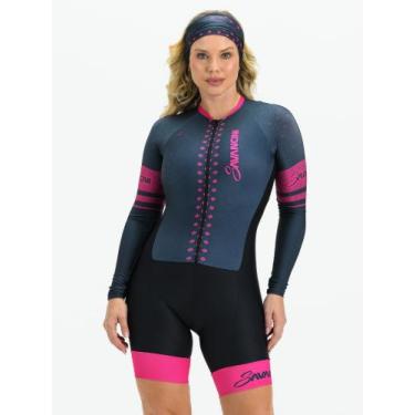 Imagem de Macaquinho Ciclismo Feminino - Forro em Gel - Manga Longa Cinza e Pink