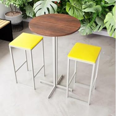 Imagem de Conjunto Mesa Alta Bar Bistrô Redonda Imbuia 2 Bancos Estofado Industrial White (Amarelo)