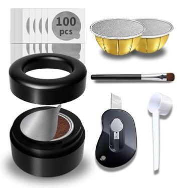 Imagem de Kit reutilizável Vertuo Pods para Nespreso, design mais recente para vedação mais rápida, cápsulas reutilizáveis Nespreso Vertuo com colher, escova e faca, 100 peças de tampas de alumínio para