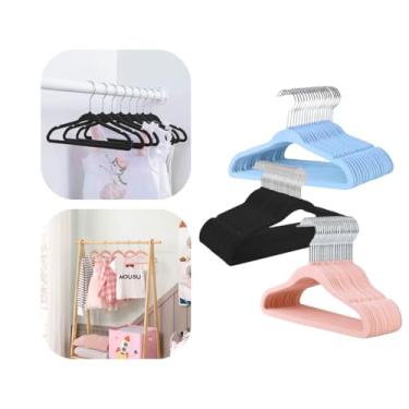 Imagem de Kit 10 Cabides Infantil Veludo: Azul, Preto e Rosa - Antiderrapante e Fino (Azul)