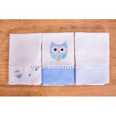 Imagem de Kit 3 Peças Fralda De Boca Para Bebê - Miguel Baby, Coruja Azul