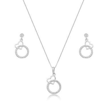 Imagem de Conjunto Colar e Brincos Circulo com Coração Prata 925 - Atraktiva Joi