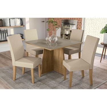 Imagem de Sala de Jantar Completa Lótus c/ Tampo Madeirado c/ Vidro 105x105cm e 4 Cadeiras CAD131 Freijó/Bronze/Bege - Kappesberg