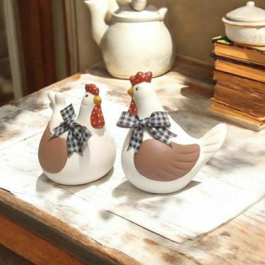 Imagem de Enfeite Decorativo Casal Galinha c Laco Ceramica Bege e Café - Decore 