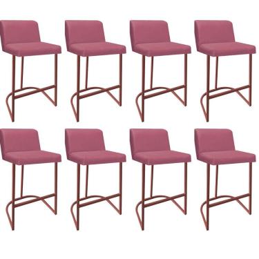 Imagem de Kit 08 Banquetas Com Encosto Confort Bistrô Cozinha Ferro Bronze Suede Rose Gold - Amey Decor