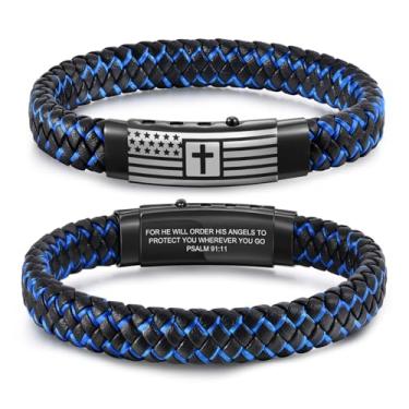 Imagem de VNOX Bracelete masculino de couro trançado feito à mão com mantra inspirador, ajustável, presente motivacional para homens, Bandeira americana - Salmo 91:11, Sem Pedra Preciosa