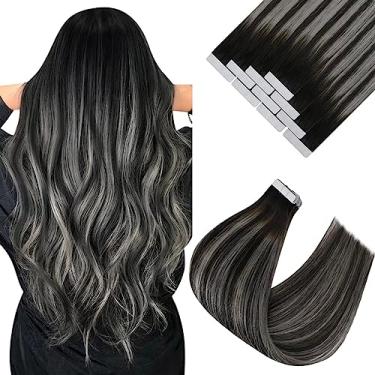 Imagem de Ve Sunny Extensões De Cabelo Humano Real Com Fita Adesiva, Invisível Remy Para Mulheres, Ombré, Natural, Preto, Raiz A Cinza, 18" 10 Unidades 25G