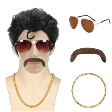 Imagem de LAXSHZ Conjunto De Fantasia Curta Preta Estilo Rock Com Penteado Para Trás Homens, Cosplay - 5 Peças (Peruca, Óculos, Pulseira, Bigode, Boné) Anos 60 E 70, Lenda Do Rpg