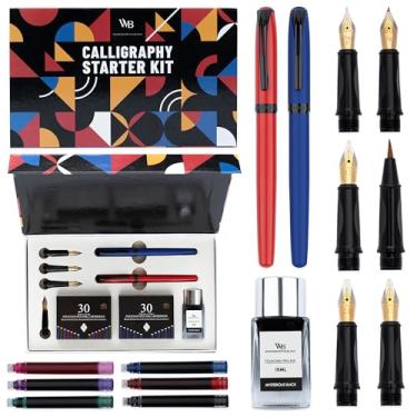 Imagem de Conjunto de canetas de caligrafia Wordsworth e preta, azul, inclui 2 canetas de caligrafia, frasco de tinta de 18 ml, 60 cartuchos de tinta, conversor de refil de tinta, 1 ponta média e 4 pontas