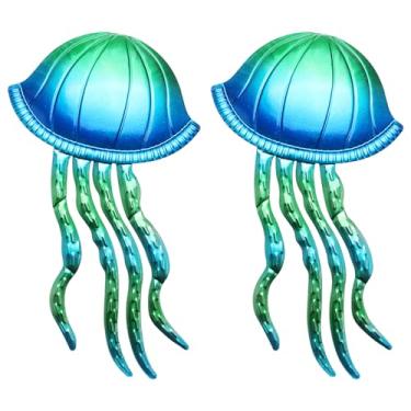Imagem de Newinhome Arte de parede de metal Ocean Dreams - (Medusa) 2 peças feitas à mão com recortes de criaturas marinhas de ferro - Decoração de casa estilo costeiro - Presente exclusivo