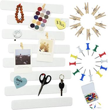 Imagem de YOUDEFUL 8 peças de tiras de quadro de avisos, tiras de barra de feltro branco com 50 pinos, tiras autoadesivas para quadro de cortiça de feltro para parede para exibir suas notas, fotos, agendamentos, anúncios