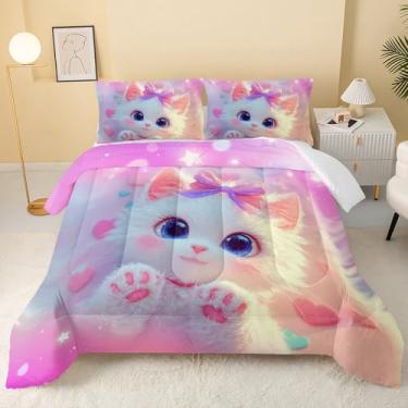 Imagem de QOOMO Jogo de cama infantil com estampa de gato, animal fofo, para decoração de quarto de criança, rosa, microfibra, leve para todas as estações, tamanho casal, 1 edredom e 2 fronhas