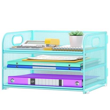 Imagem de Cawukege Organizador de papel de 3 camadas com alça, organizador de mesa de metal, bandeja de papel de malha, pasta de arquivos, classificador de documentos para sala de aula, escola, organização e