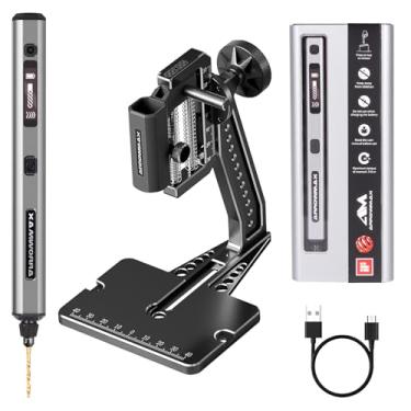 Imagem de AM ARROWMAX Mini caneta furadeira elétrica com prensa de bancada, 5 velocidades, 10 pequenas brocas com caixa de alumínio, luzes LED, display OLED, conjunto de brocas de resina para fabricação de