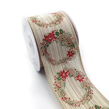 Imagem de Designer's Shop WR 63-5215 6,3 cm x 10 jardas Guirlanda de Natal fita com fio – pinhas com glitter dourado, poinsétias vermelhas e estampa de guirlanda de férias para decoração sazonal, embrulho de