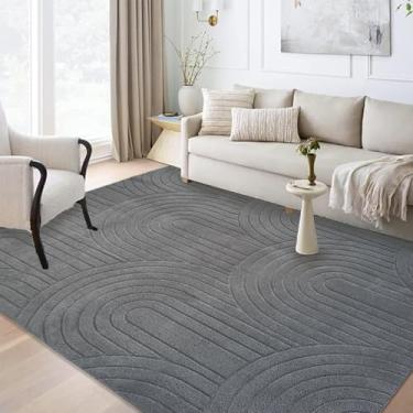 Imagem de Lacomfy Tapete moderno para sala de estar, grande, curvatura alta-baixa, tapete geométrico, cinza, lavável, tapete abstrato, arcos macios, padrão para berçário, quarto, escritório (listrado, cinza, 13