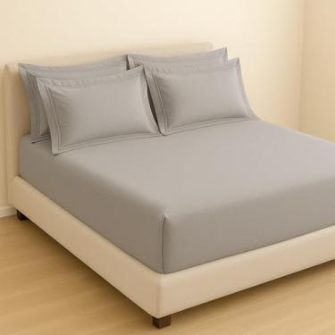 Imagem de Kit Jogo de Lençol 100% Algodão 300 Fios 4 fronhas com Abas (Cinza, Queen 5PCS)