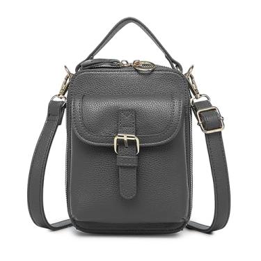 Imagem de GISMTR Bolsa tiracolo de couro feminina, bolsa carteiro vintage, bolsas de ombro antirroubo de grande capacidade com 10 compartimentos para cartão, Cinza, Vintage