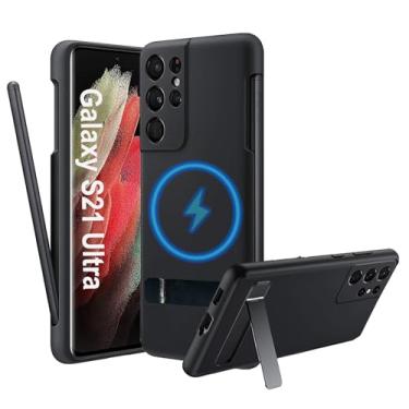 Imagem de Capa magnética e suporte para Galaxy S21 Ultra com suporte para S Pen [S Pen incluída], compatível com MagSafe, suporte ajustável, capa de telefone de silicone líquido e conjunto de Stylus para
