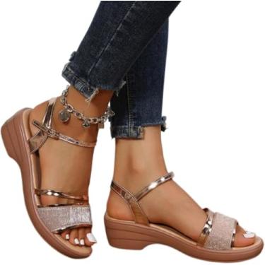 Imagem de Sandálias Para Mulheres Sandálias De Plataforma De Prata Dourada Mulheresverão Sandálias De Salto Grosso Cunhas Sandálias Mulher Tira De Tornozelo Gladiador, Gold, 37 EU