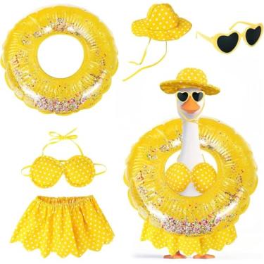 Imagem de Roupas havaianas de ganso de varanda com chapéu, óculos e anel de natação de lantejoulas, fantasia de ganso de verão de 58 cm para gramado, decoração de ganso de quintal