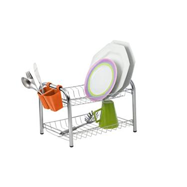 Imagem de Escorredor de Louça Duplo 12 Pratos Desmontável Porta Talher Plástico Laranja Secador Cozinha