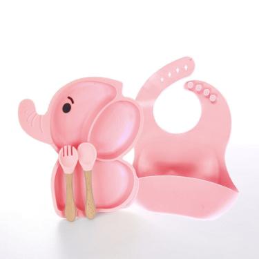 Imagem de Kit Refeição Infantil C/ Pratinho + Talheres + Babador Silicone Rosa