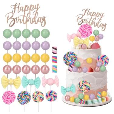 Imagem de 31 Peças Topo de Bolo de Doces, Decoração Bolo Feliz Aniversário Topo Cupcake Pirulito Decoração Cupcake Doces Coloridos para Festa Aniversário com Tema Doce para Meninas